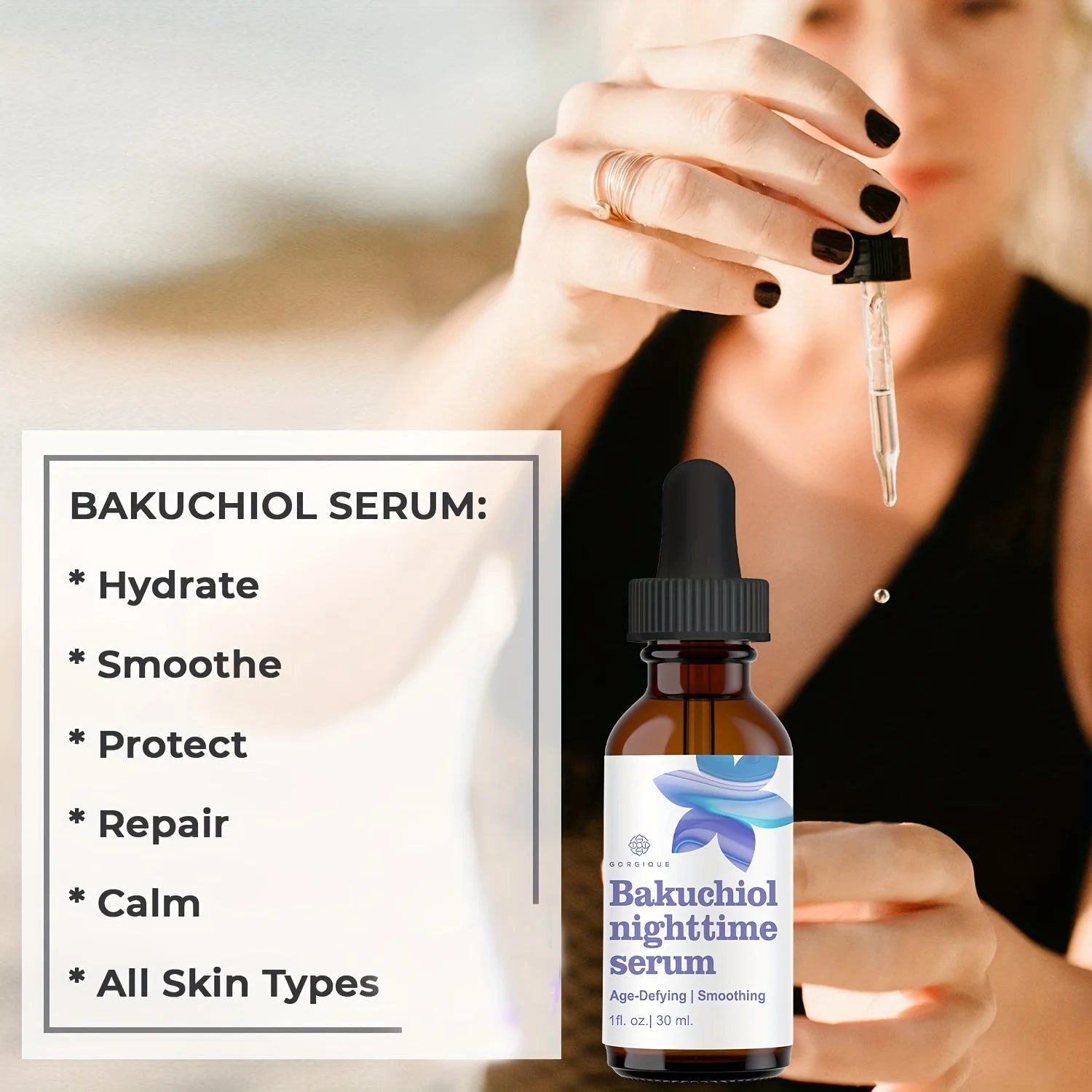 Bakuchiol Serum for All Skin Types Hydrates Smoothes Reduces Fine Lines Wrinkles